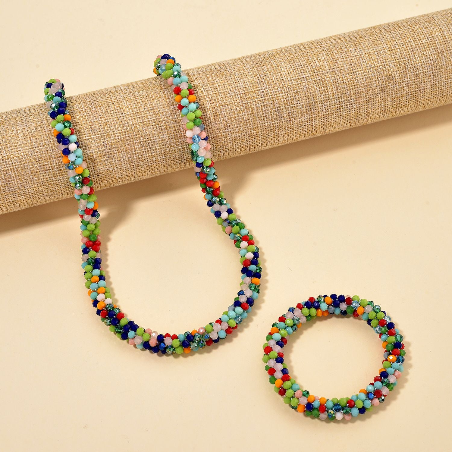 2er Set - Mehrfarbiger Kristall Halskette und Armband, flexibel