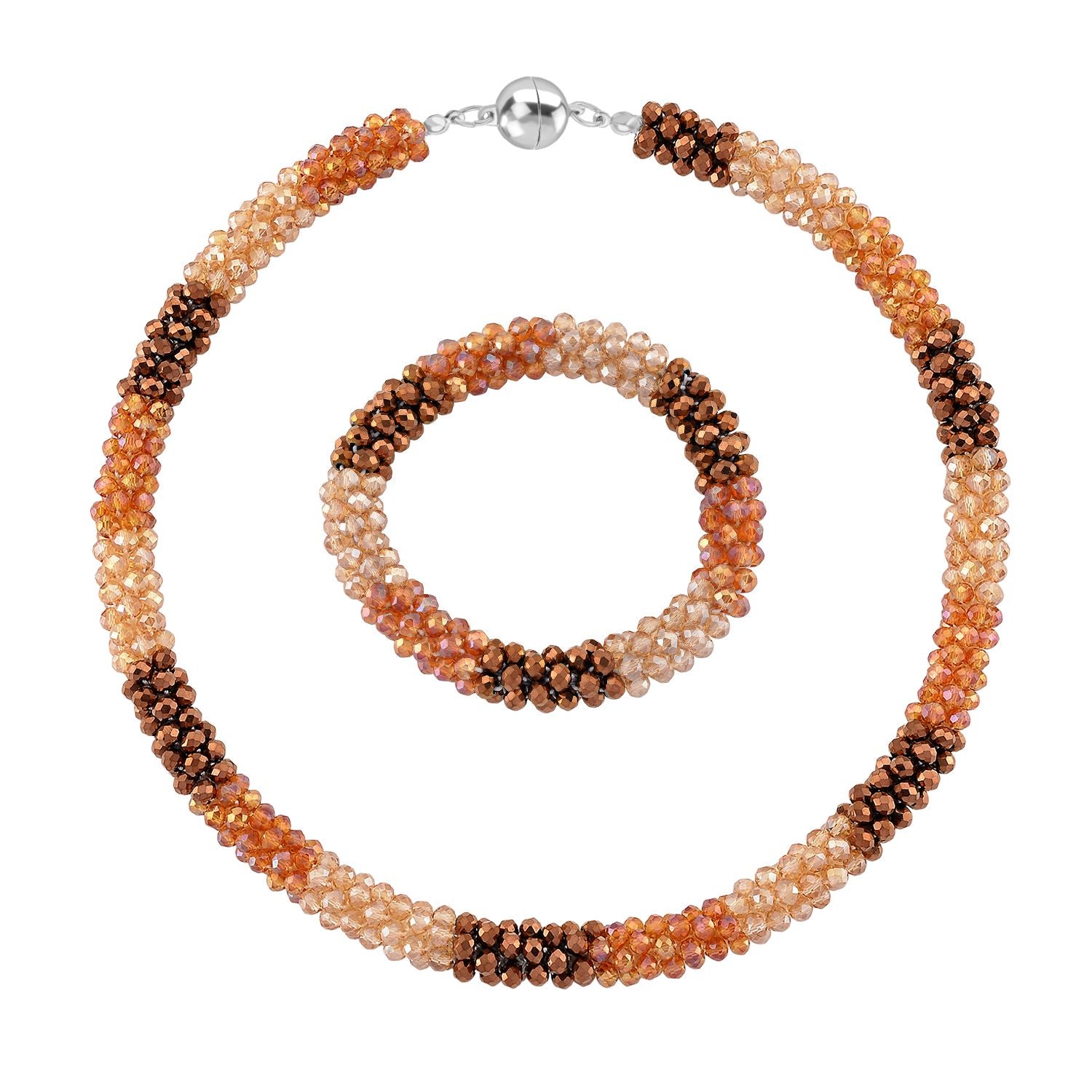 2er Set - Mehrfarbiger Kristall Halskette und Armband, flexibel, Orange-Grün