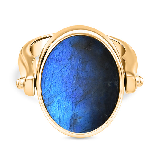 2-in-1 Labradorit Siegel Ring und Anhänger im Wende-Design, Messing goldfarben mit 316L Edelstahl kette  (Größe 21) ca. 16,16 ct.