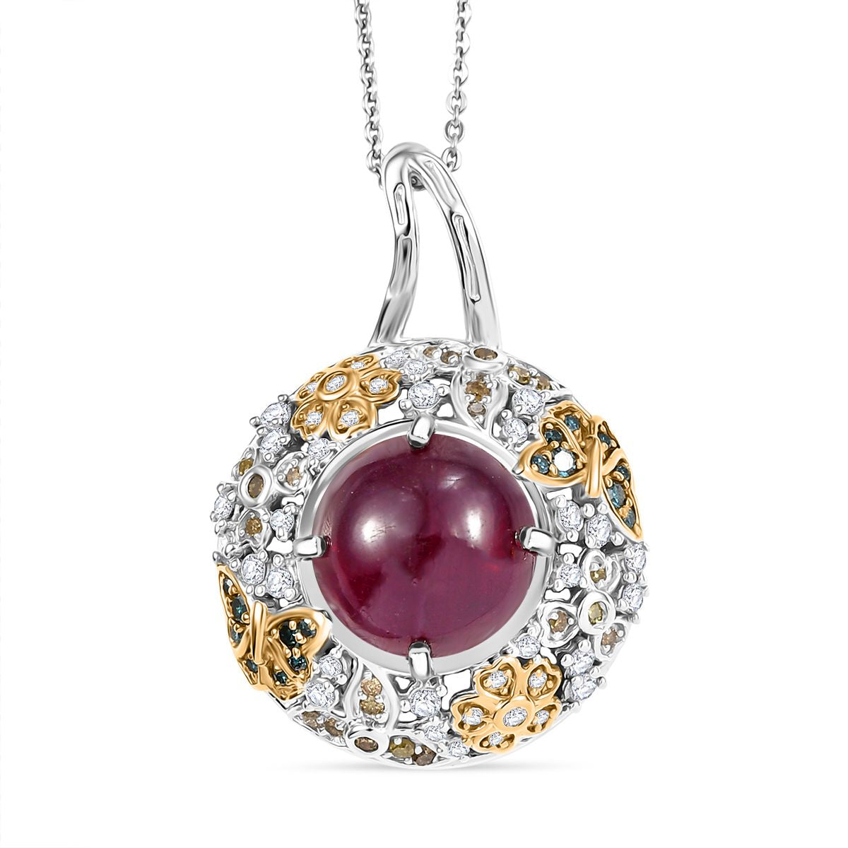 GP Italienischer Garten Kollektion - AA Afrikanischer Rubin (Fissure gefüllt), mehrfarbiger Diamanten Anhänger mit Kette ca. 45 cm, 925 Silber rhodiniert, 925 Silber Rhodiniert und 750 Gelbgold Vermeil ca. 9.71 ct