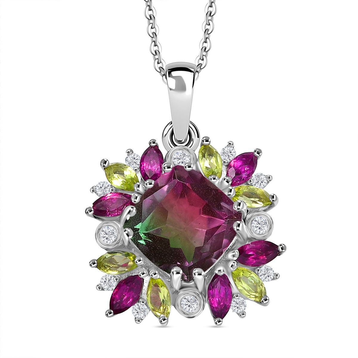 Blooming Petals - D'joy Wassermelonen Quarz Triplette, Natürlicher Rhodolith Granat Anhänger mit Kette ca. 50 cm, 925 Silber rhodiniert ca. 4.28 ct