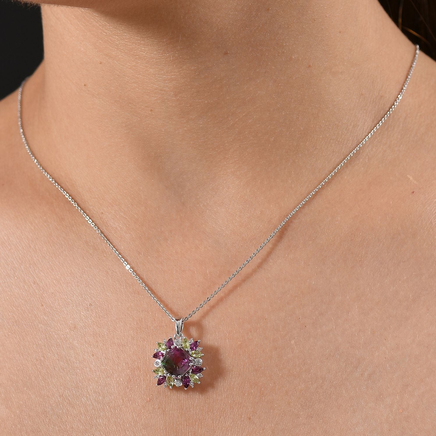 Blooming Petals - D'joy Wassermelonen Quarz Triplette, Natürlicher Rhodolith Granat Anhänger mit Kette ca. 50 cm, 925 Silber rhodiniert ca. 4.28 ct