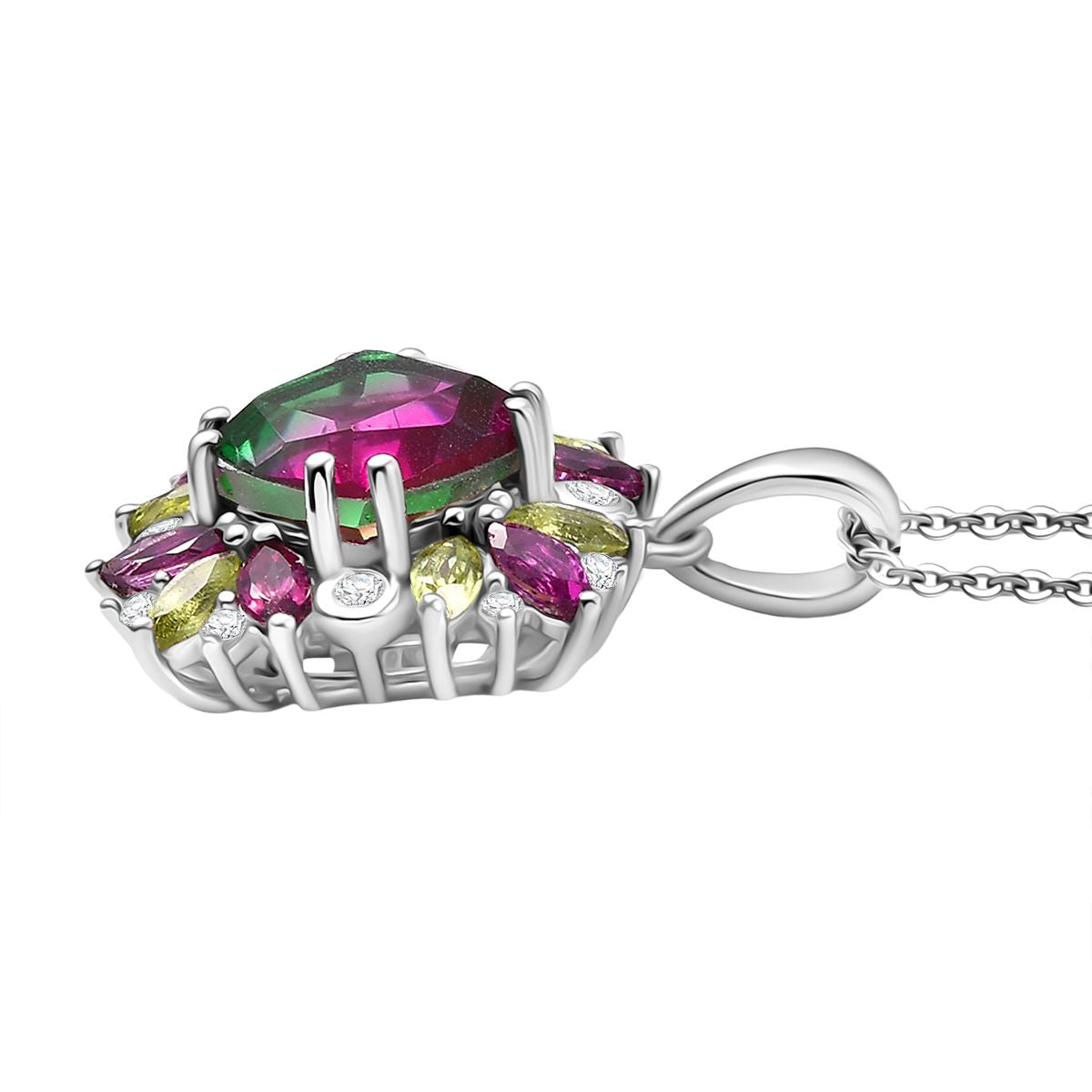 Blooming Petals - D'joy Wassermelonen Quarz Triplette, Natürlicher Rhodolith Granat Anhänger mit Kette ca. 50 cm, 925 Silber rhodiniert ca. 4.28 ct