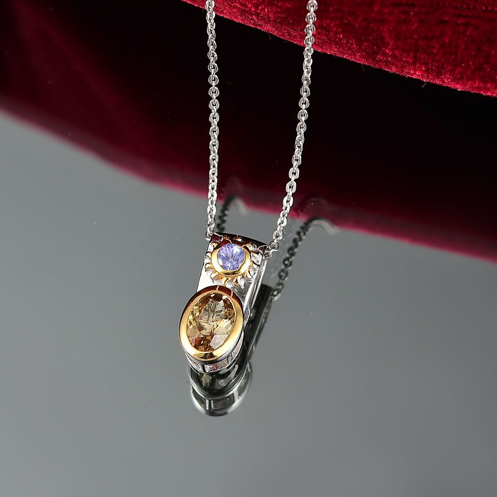 D Joy Natürlicher goldener Tansanit, Tansanit Anhänger mit Kette, 925 Silber rhodiniert, 925 Silber rhodiniert und 750 Gelbgold Vermeil ca. 0.92 ct