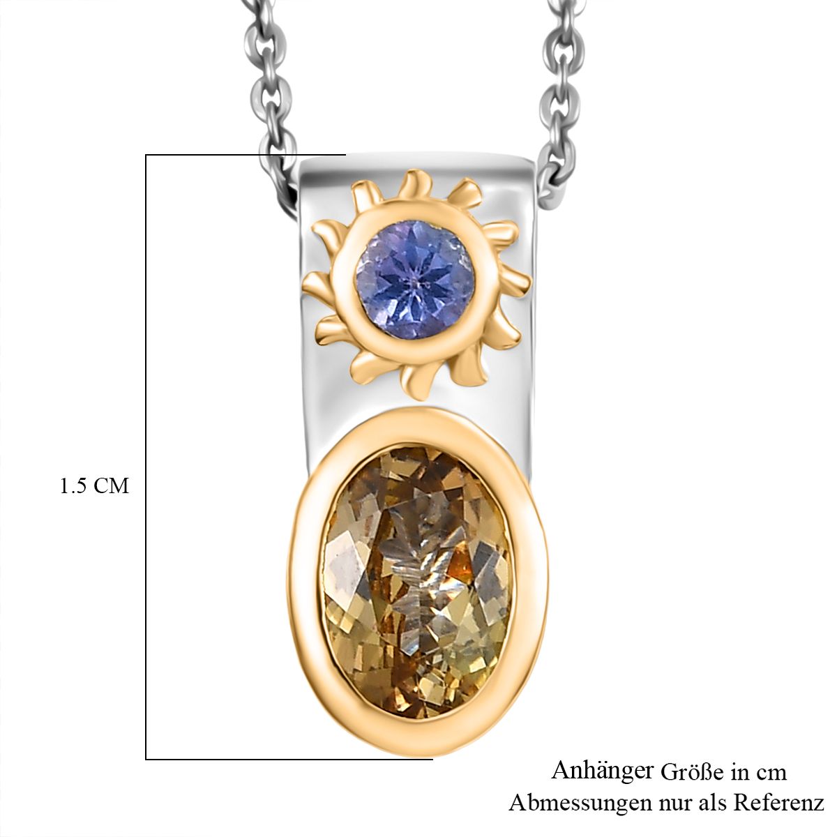 D Joy Natürlicher goldener Tansanit, Tansanit Anhänger mit Kette, 925 Silber rhodiniert, 925 Silber rhodiniert und 750 Gelbgold Vermeil ca. 0.92 ct