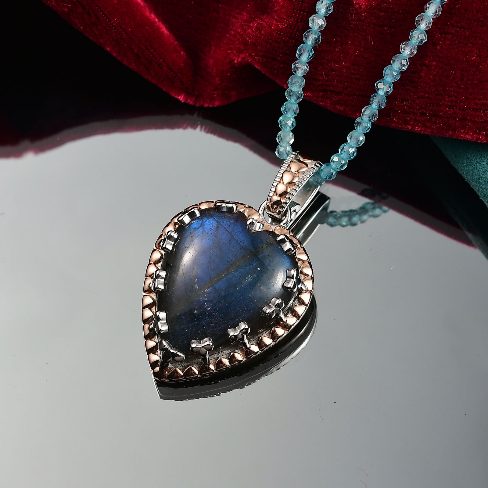 Djoy AAA Labradorit, Apatit Anhänger mit Kette, 925 Silber Bicolor rhodiniert ca. 76.99 ct
