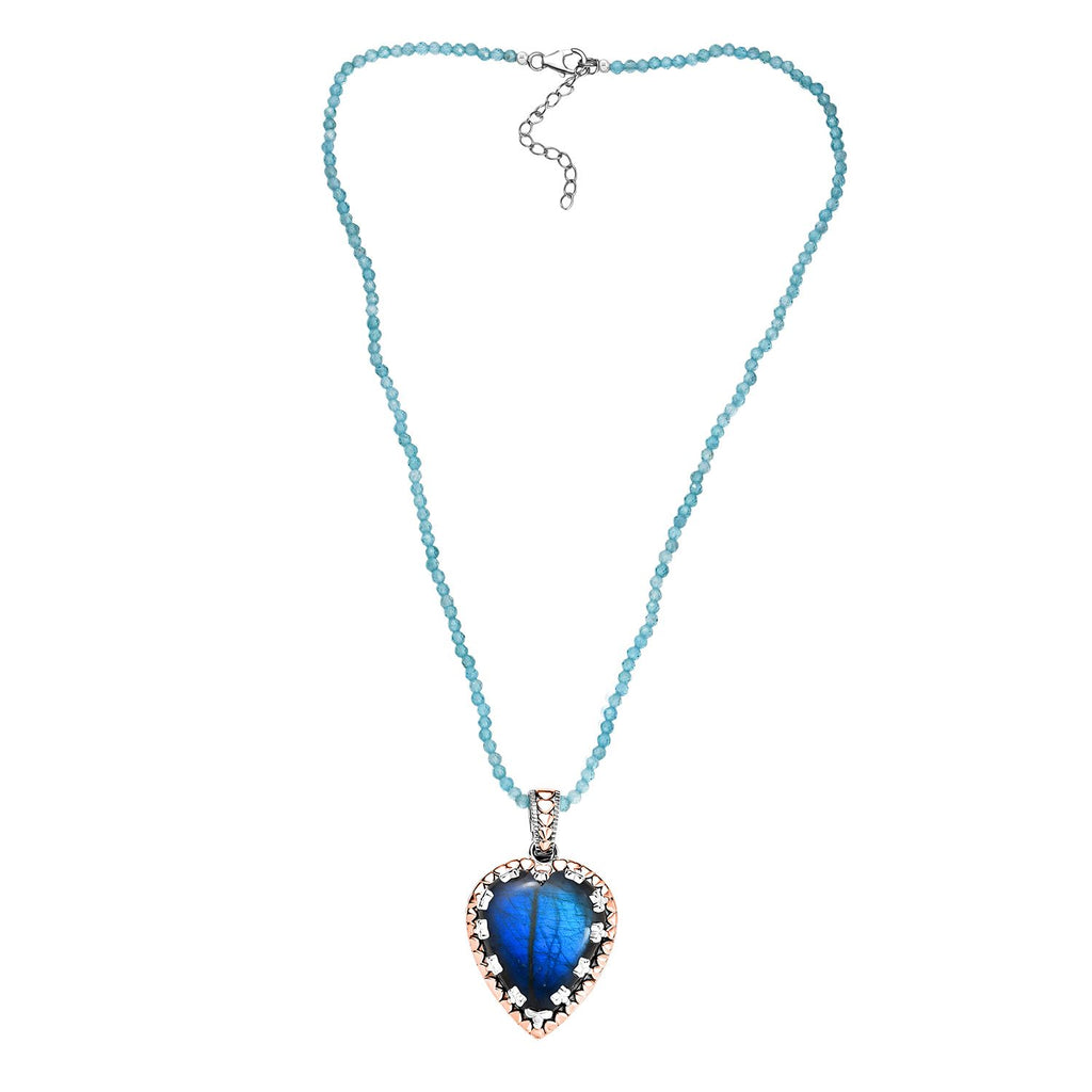 Djoy AAA Labradorit, Apatit Anhänger mit Kette, 925 Silber Bicolor rhodiniert ca. 76.99 ct