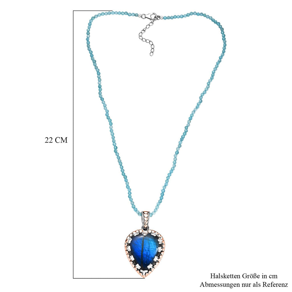 Djoy AAA Labradorit, Apatit Anhänger mit Kette, 925 Silber Bicolor rhodiniert ca. 76.99 ct