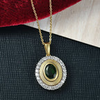 D'joy Natürlicher Chromdiopsid, Weißer Zirkon Anhänger mit Kette ca. 50 cm, 925 Silber 750 Gelbgold Vermeil ca. 2.07 ct