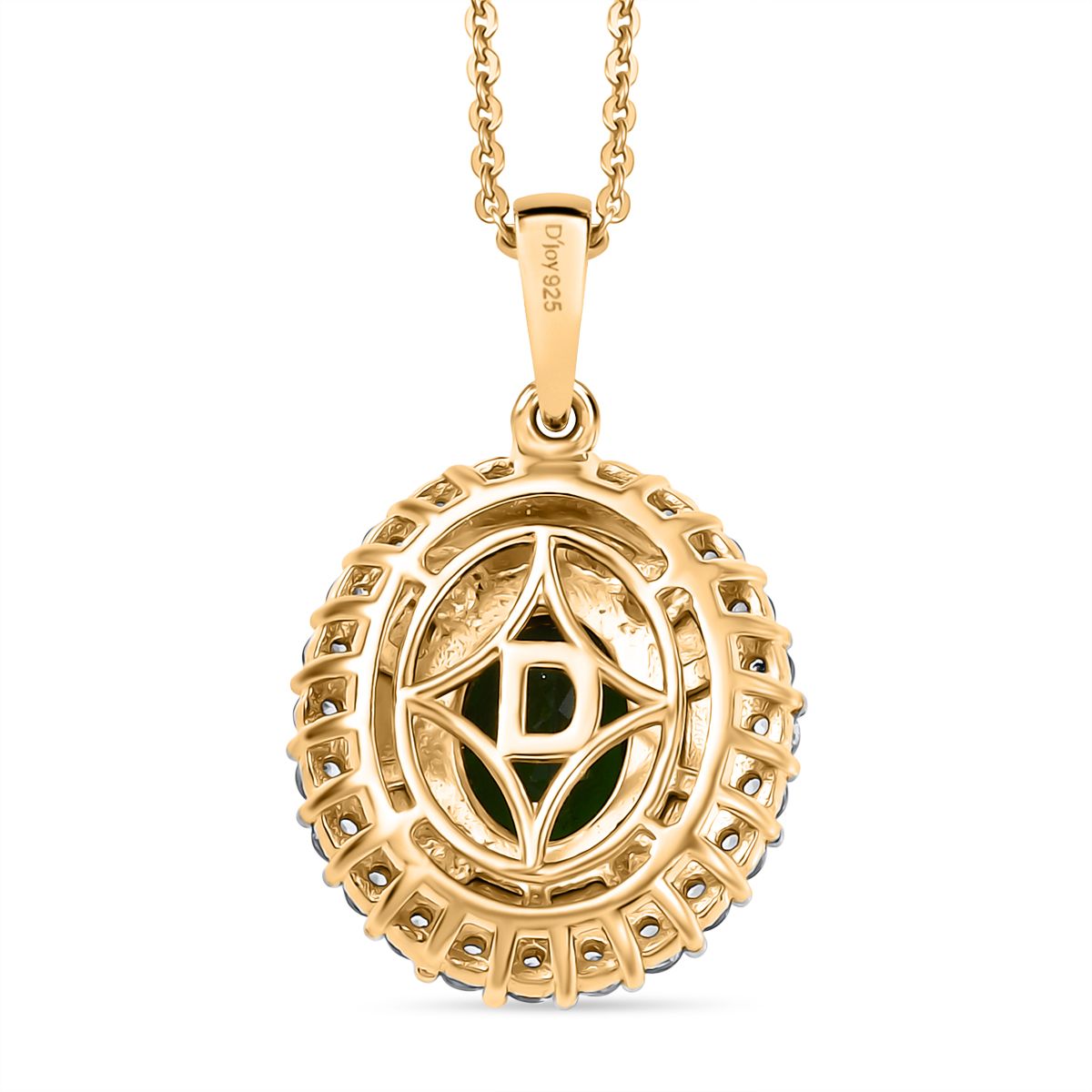 D'joy Natürlicher Chromdiopsid, Weißer Zirkon Anhänger mit Kette ca. 50 cm, 925 Silber 750 Gelbgold Vermeil ca. 2.07 ct