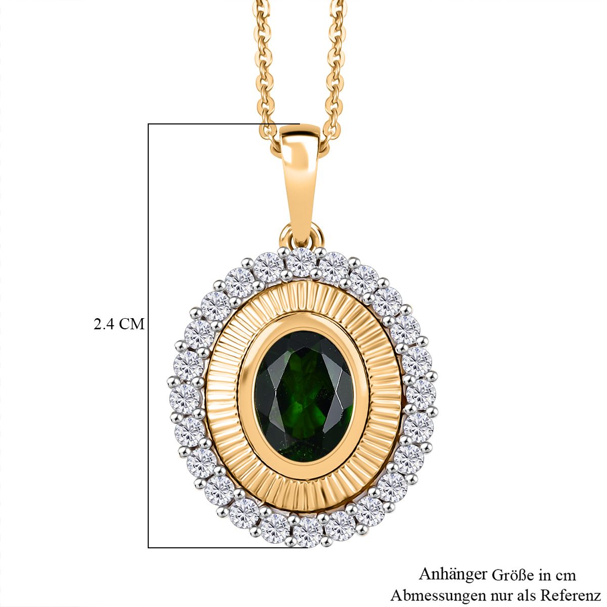 D'joy Natürlicher Chromdiopsid, Weißer Zirkon Anhänger mit Kette ca. 50 cm, 925 Silber 750 Gelbgold Vermeil ca. 2.07 ct