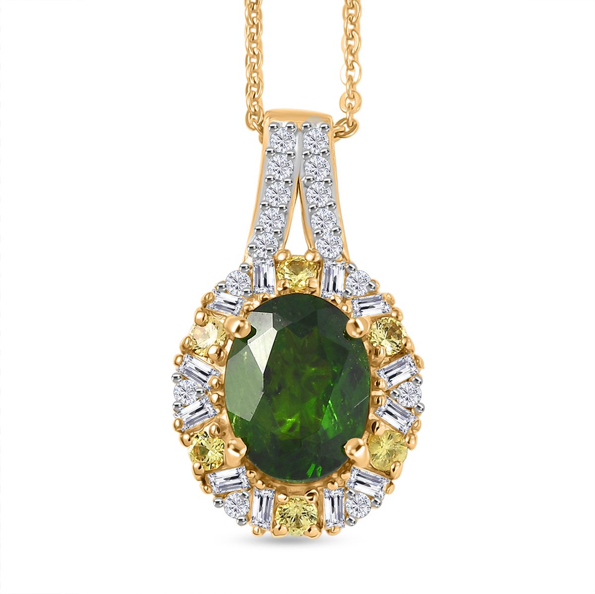 D'Joy Natürlicher Chromdiopsid, Gelber Saphir Schmuckset ca. 50 cm 925 Silber 750 Gelbgold Vermeil ca. 2.58 ct