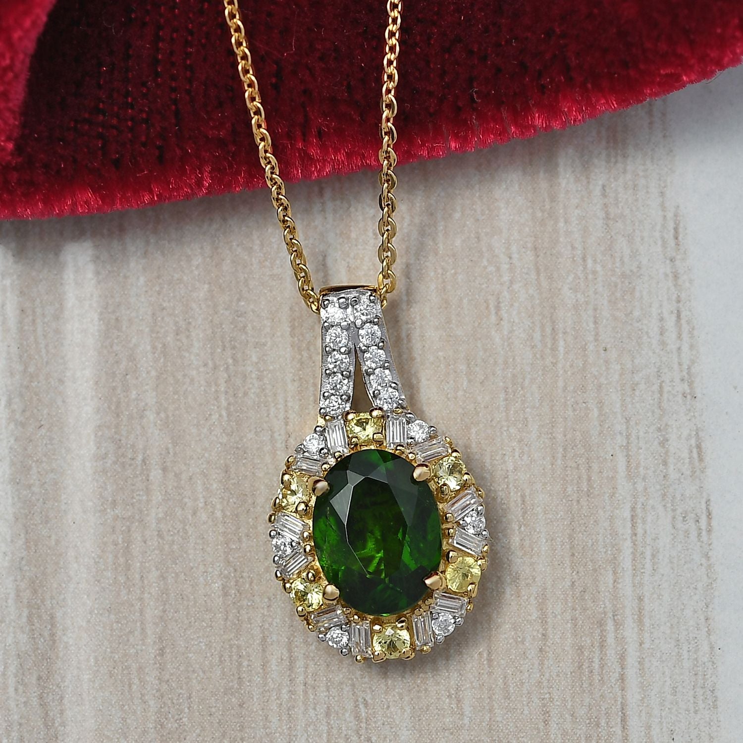 D'Joy Natürlicher Chromdiopsid, Gelber Saphir Schmuckset ca. 50 cm 925 Silber 750 Gelbgold Vermeil ca. 2.58 ct