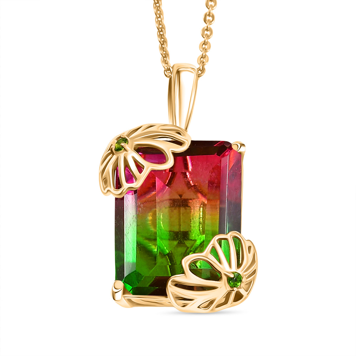 Wassermelonen Quarz Triplette, Natürlicher Chromdiopsid Anhänger mit Kette ca. 50 cm, 925 Silber 750 Gelbgold Vermeil ca. 12.73 ct
