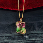 Wassermelonen Quarz Triplette, Natürlicher Chromdiopsid Anhänger mit Kette ca. 50 cm, 925 Silber 750 Gelbgold Vermeil ca. 12.73 ct