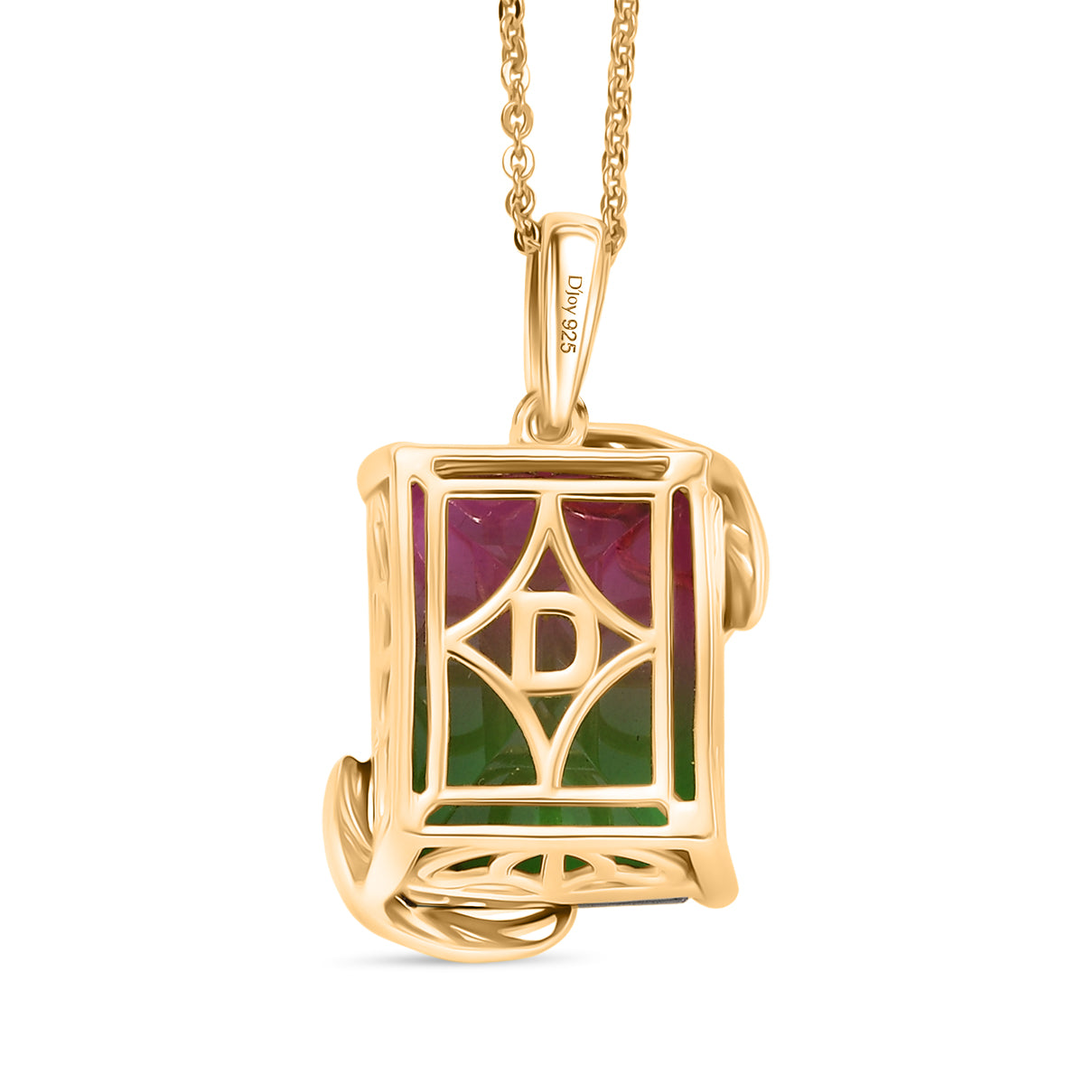Wassermelonen Quarz Triplette, Natürlicher Chromdiopsid Anhänger mit Kette ca. 50 cm, 925 Silber 750 Gelbgold Vermeil ca. 12.73 ct