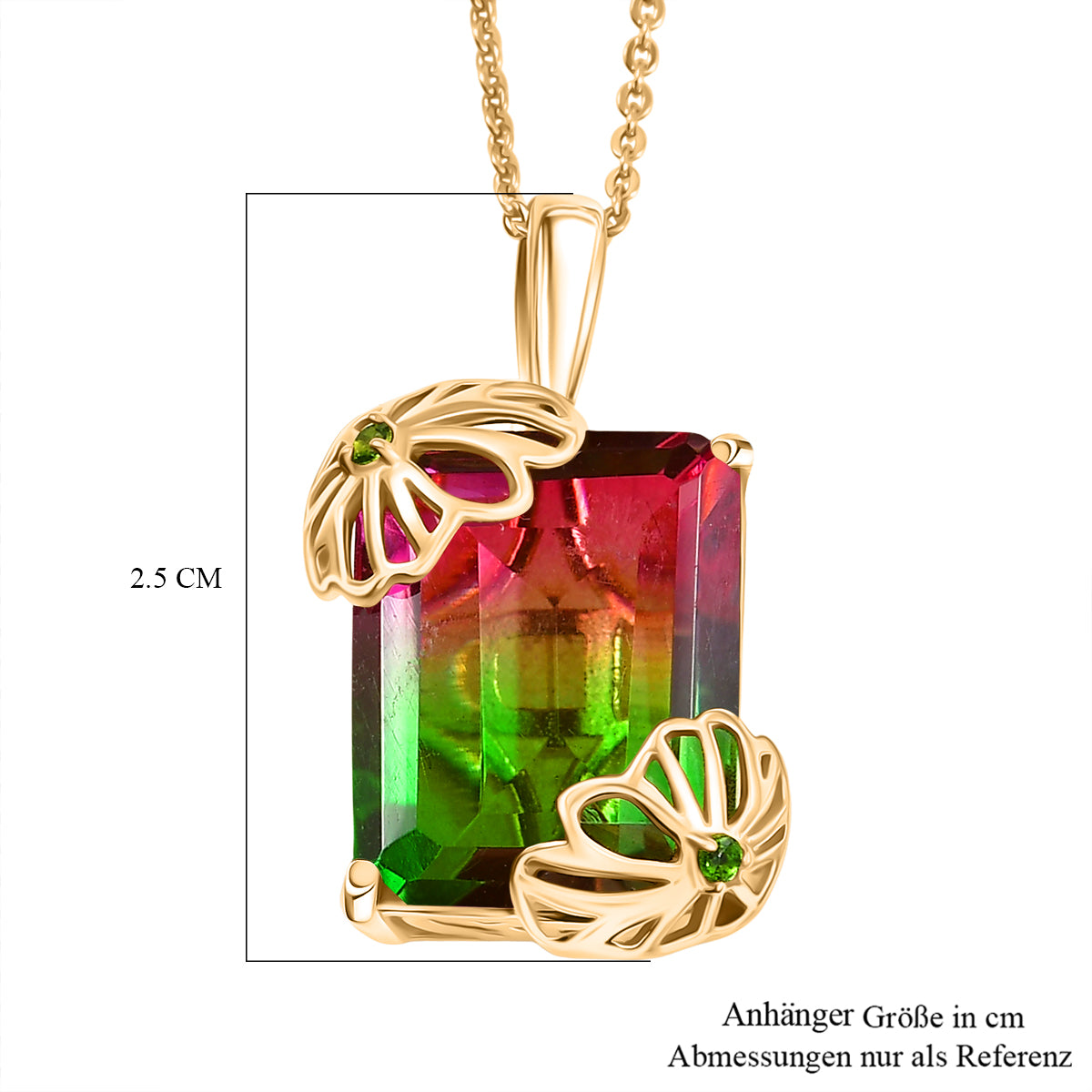 Wassermelonen Quarz Triplette, Natürlicher Chromdiopsid Anhänger mit Kette ca. 50 cm, 925 Silber 750 Gelbgold Vermeil ca. 12.73 ct