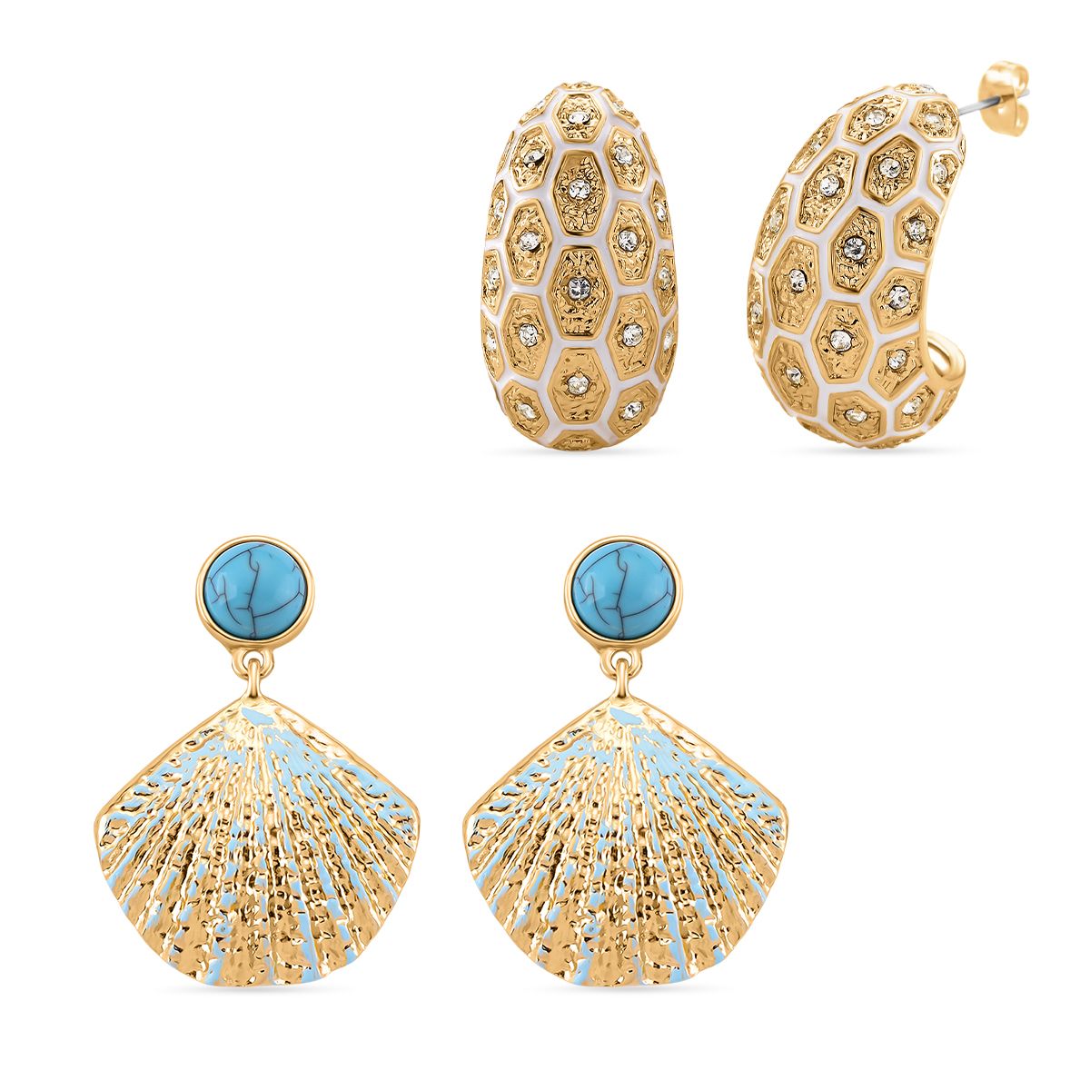 2er Set - Blauer Howlith und Weißer Kristall Ohrringe, emailliert, goldfarben