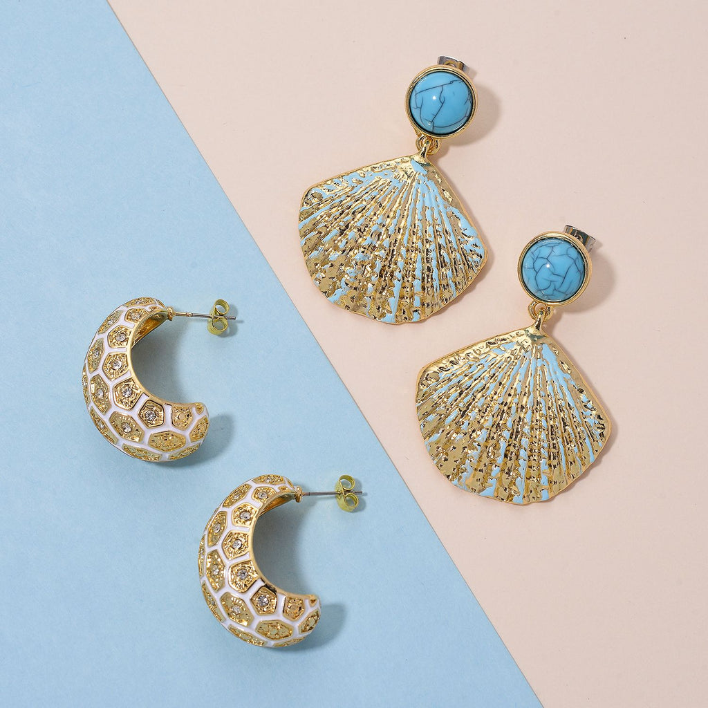 2er Set - Blauer Howlith und Weißer Kristall Ohrringe, emailliert, goldfarben