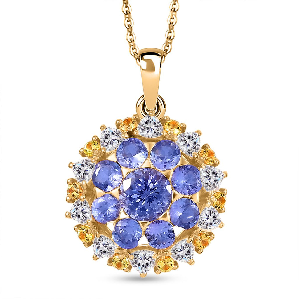 DJoy Tansanit, Moissanit und Gelber Saphir Anhänger mit Kette, 925 Silber 750 Gelbgold Vermeil ca. 4.30 ct