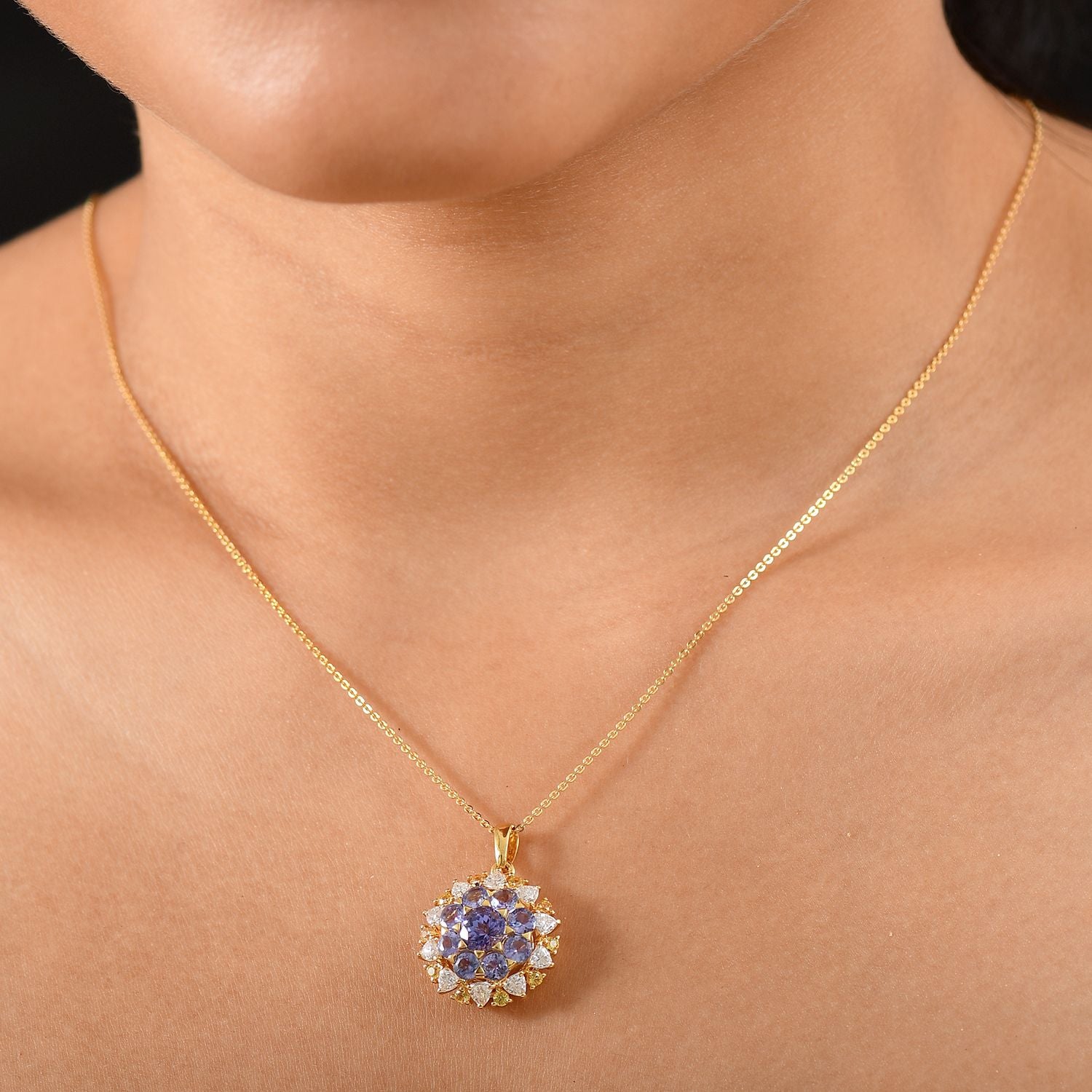DJoy Tansanit, Moissanit und Gelber Saphir Anhänger mit Kette, 925 Silber 750 Gelbgold Vermeil ca. 4.30 ct