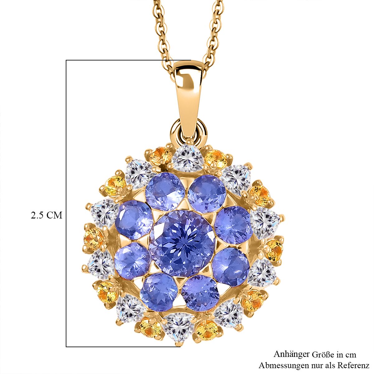DJoy Tansanit, Moissanit und Gelber Saphir Anhänger mit Kette, 925 Silber 750 Gelbgold Vermeil ca. 4.30 ct