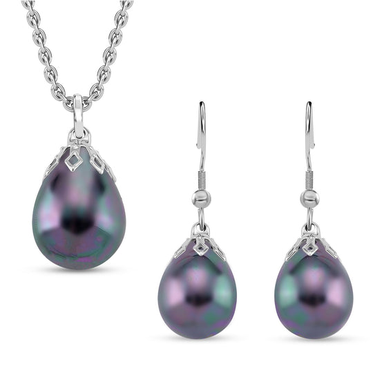 3er Set - Sleeping-Beauty-farbene Muschelkernperle (16X12 mm) Anhänger mit Kette und Ohrringe, Nickelfreies Messing und 316L Edelstahl