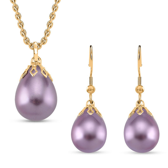 3er Set - Goldene Muschelkernperle Anhänger mit Kette und Ohrringe, Messing und Edelstahl