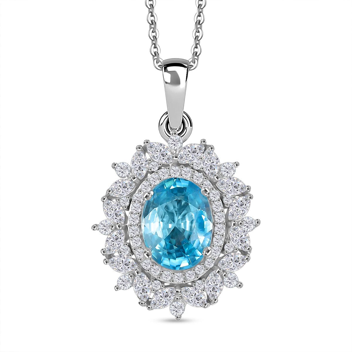 D'Joy Blauer Zirkon, Weißer Zirkon Anhänger mit Kette, ca. 50 cm 925 Silber rhodiniert ca. 4.03 ct