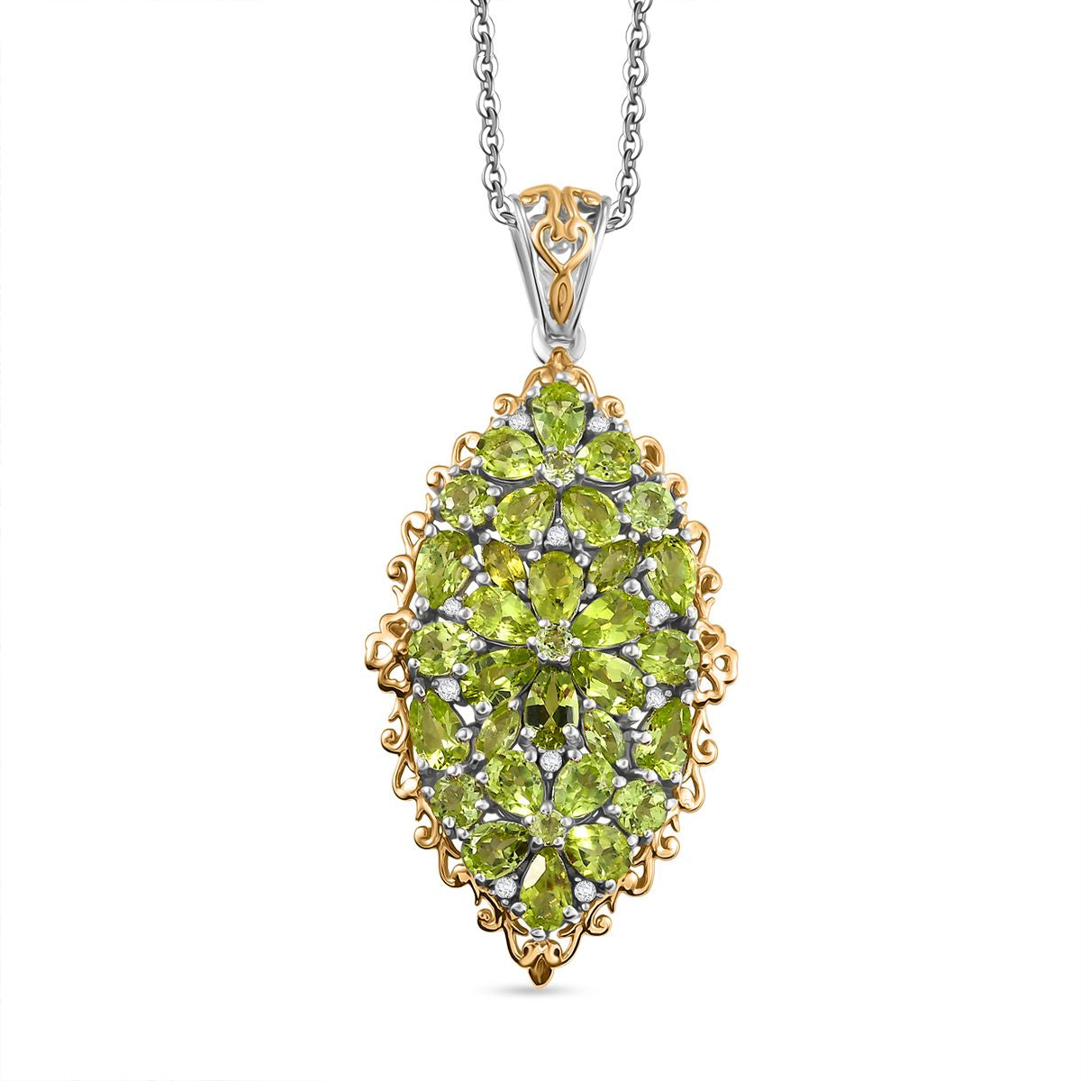 D'joy Natürlicher Peridot Anhänger mit Kette ca. 50 cm, 925 Silber Rhodiniert und 750 Gelbgold Vermeil ca. 5.59 ct