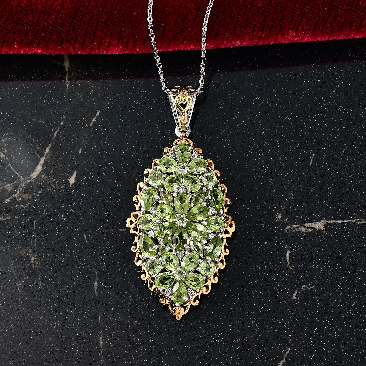 D'joy Natürlicher Peridot Anhänger mit Kette ca. 50 cm, 925 Silber Rhodiniert und 750 Gelbgold Vermeil ca. 5.59 ct