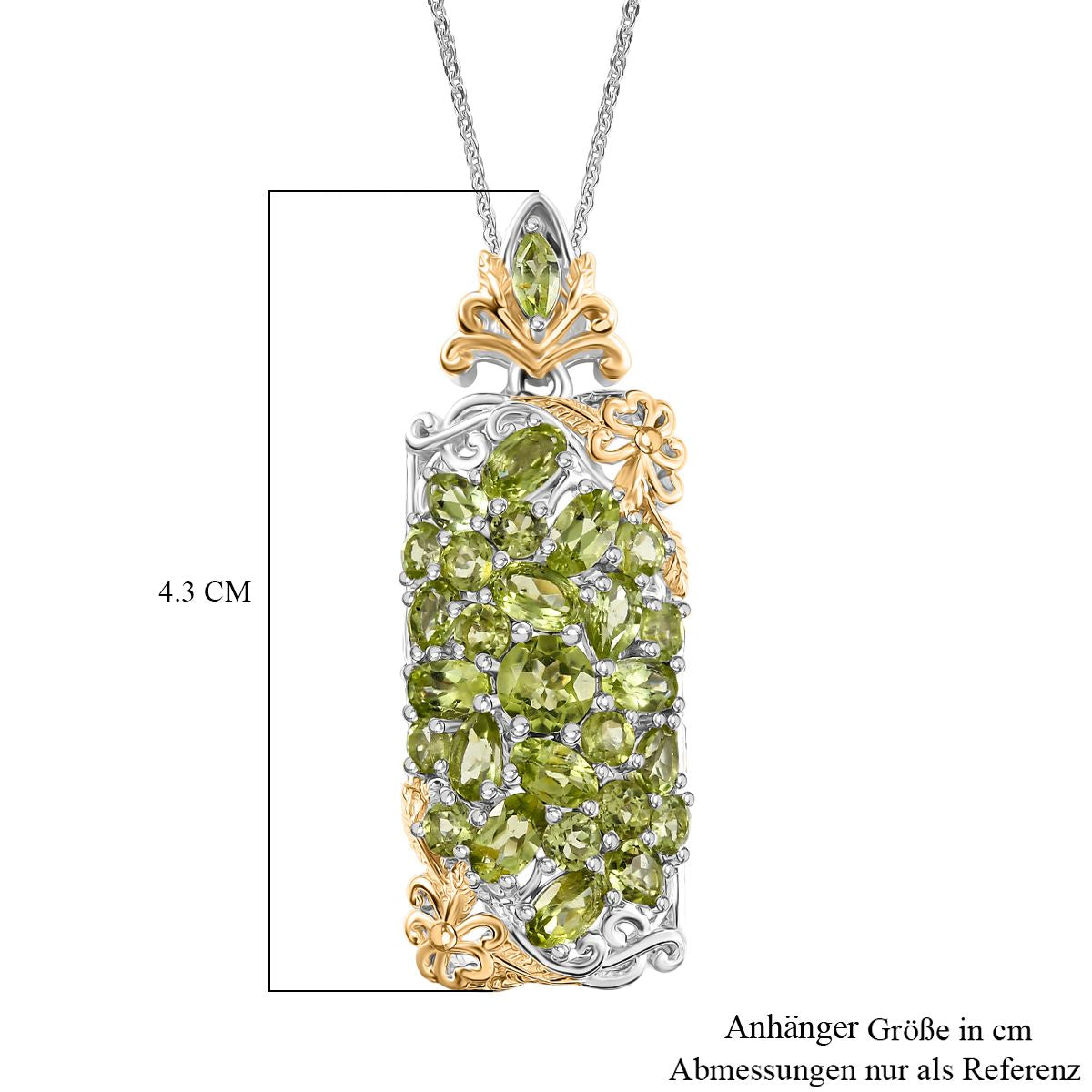 D'joy Natürlicher Peridot Anhänger mit Kette ca. 50 cm, 925 Silber Rhodiniert und 750 Gelbgold Vermeil ca. 5.29 ct