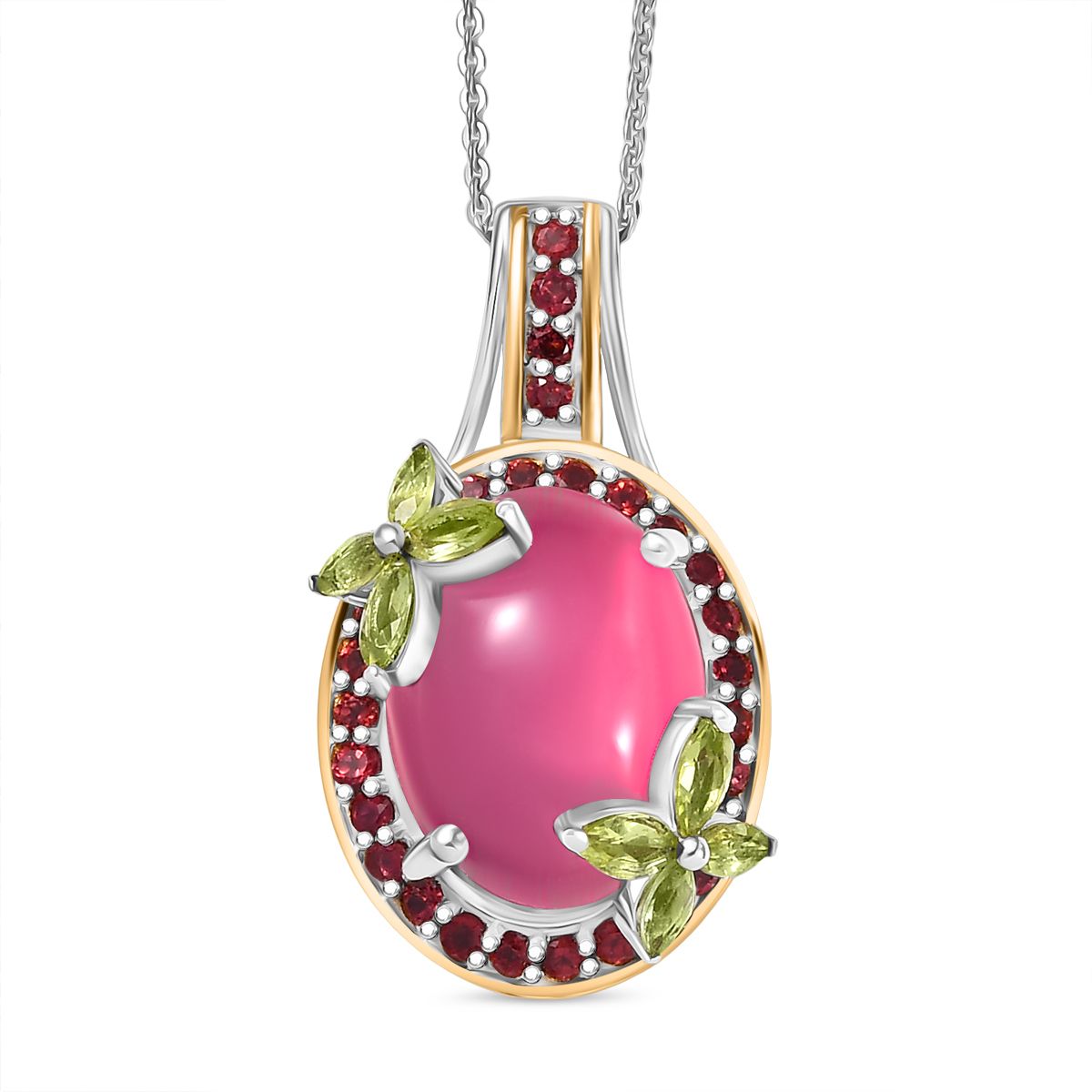 D'Joy Maulbeer Mondstein, Peridot Anhänger mit Kette, ca. 50 cm, 925 Silber Rhodiniert und 750 Gelbgold Vermeil ca. 12.03 ct