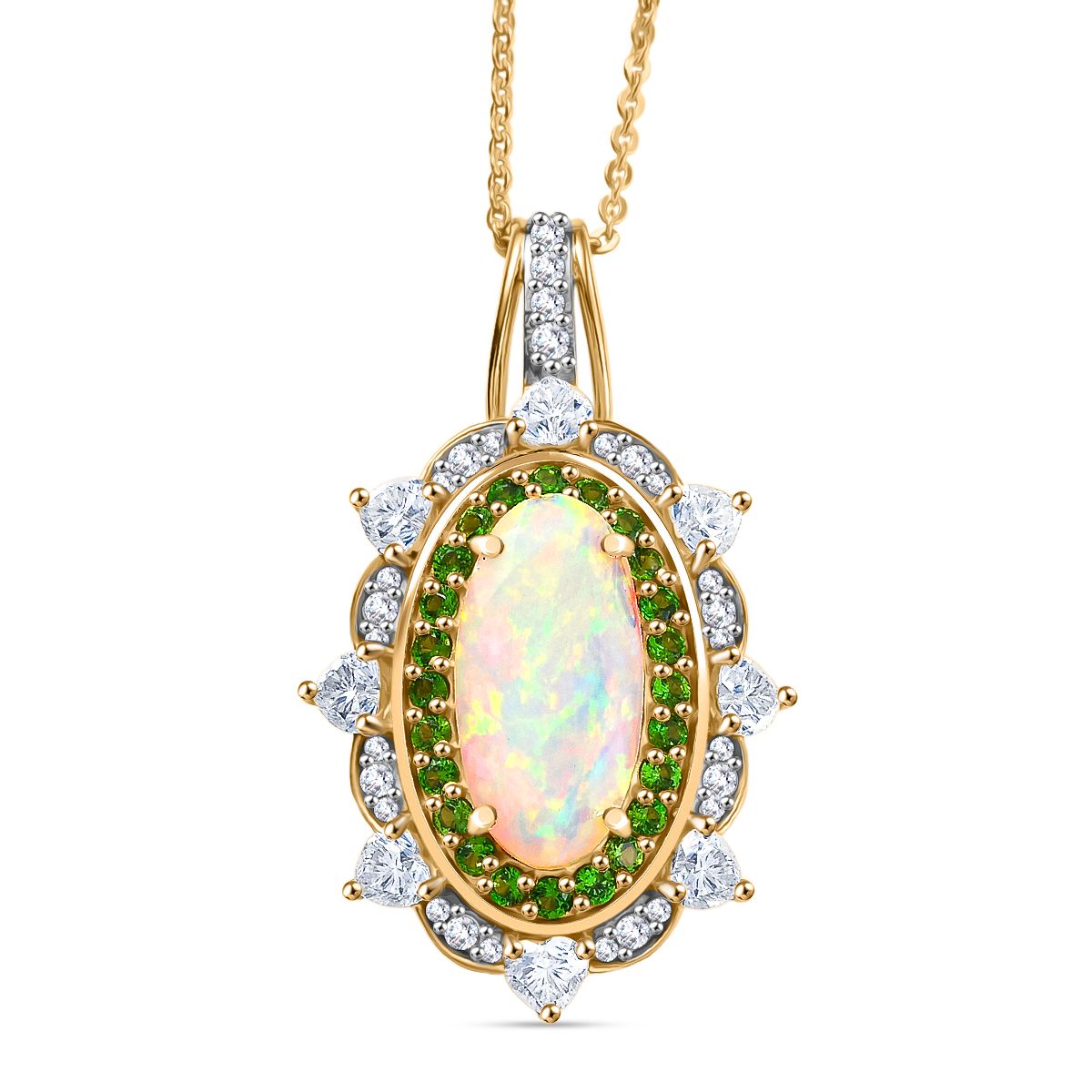 D'Joy AA Natürlicher, äthiopischer Welo Opal, Moissanit Schmuckset ca. 50 cm 925 Silber 750 Gelbgold Vermeil ca. 4.55 ct
