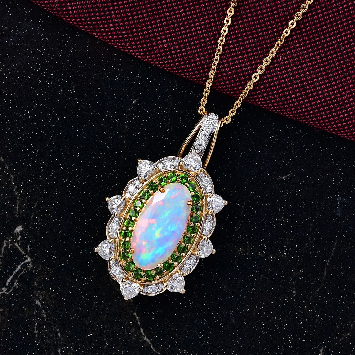 D'Joy AA Natürlicher, äthiopischer Welo Opal, Moissanit Schmuckset ca. 50 cm 925 Silber 750 Gelbgold Vermeil ca. 4.55 ct