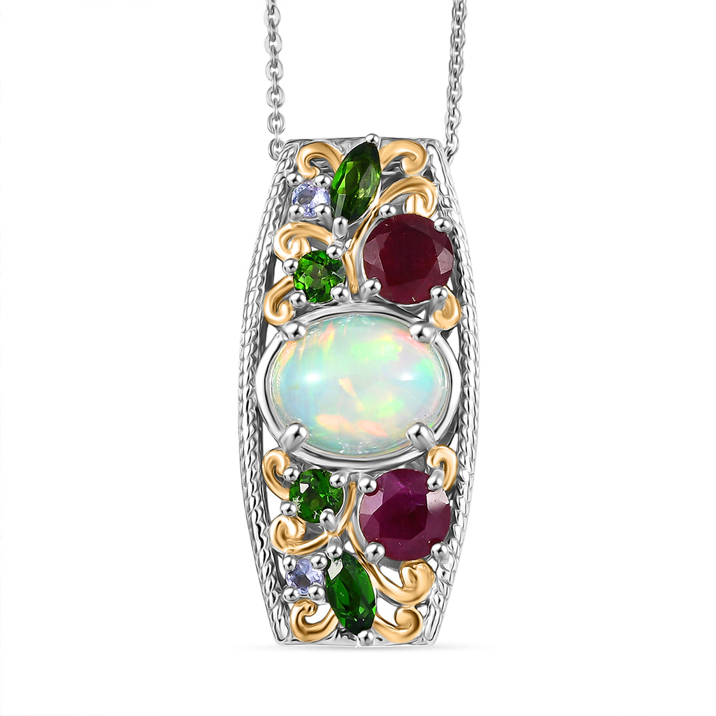 D'joy AA Mehrfarbiger Edelstein Anhänger mit Kette, ca. 50 cm, 925 Silber Rhodiniert und 750 Gelbgold Vermeil ca. 3.82 ct