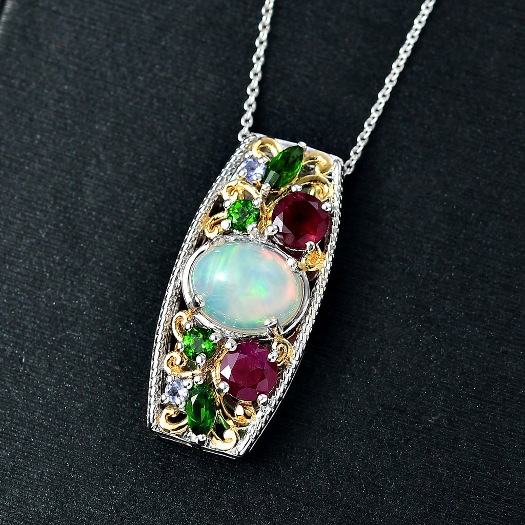 D'joy AA Mehrfarbiger Edelstein Anhänger mit Kette, ca. 50 cm, 925 Silber Rhodiniert und 750 Gelbgold Vermeil ca. 3.82 ct