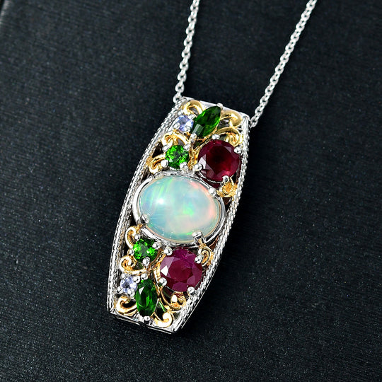D'joy AA Mehrfarbiger Edelstein Anhänger mit Kette, ca. 50 cm, 925 Silber Rhodiniert und 750 Gelbgold Vermeil ca. 3.82 ct