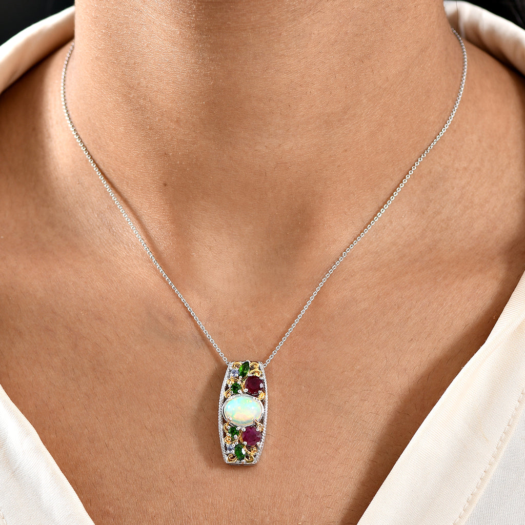 D'joy AA Mehrfarbiger Edelstein Anhänger mit Kette, ca. 50 cm, 925 Silber Rhodiniert und 750 Gelbgold Vermeil ca. 3.82 ct