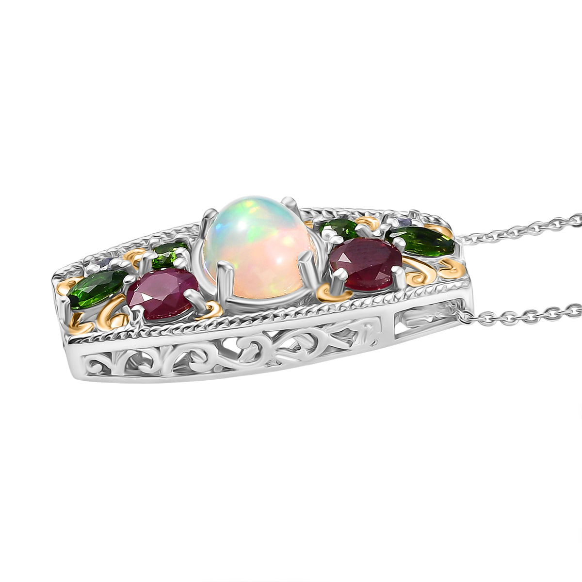D'joy AA Mehrfarbiger Edelstein Anhänger mit Kette, ca. 50 cm, 925 Silber Rhodiniert und 750 Gelbgold Vermeil ca. 3.82 ct
