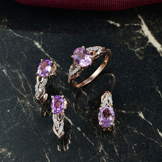 3er Set - D'Joy AA Rose De France Amethyst Ring, Ohrringe, und Anhänger, 925 Silber 750 rosévergoldet (Größe 19.00) ca. 4,74 ct.