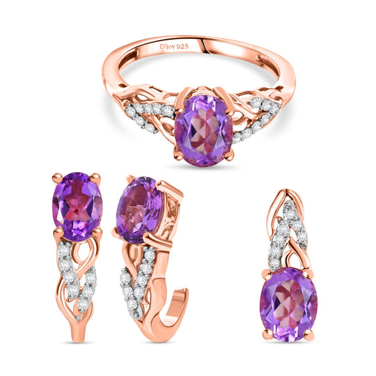 3er Set - D'Joy AA Rose De France Amethyst Ring, Ohrringe, und Anhänger, 925 Silber 750 rosévergoldet (Größe 19.00) ca. 4,74 ct.