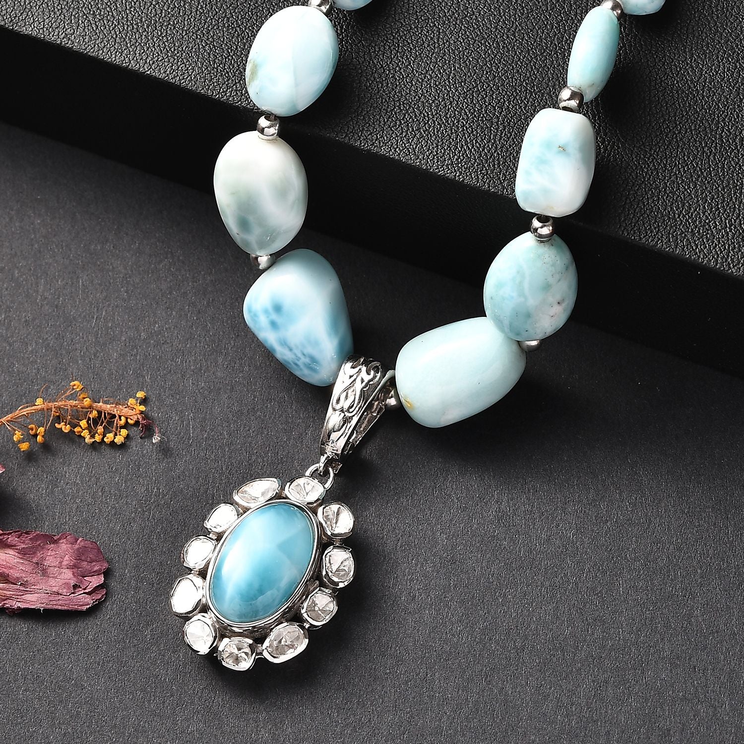 D'Joy AA Larimar und Labor Polki Diamant Halskette ca. 45 cm 925 Silber rhodiniert ca. 136.27 ct