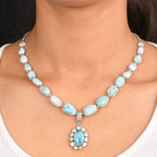 D'Joy AA Larimar und Labor Polki Diamant Halskette ca. 45 cm 925 Silber rhodiniert ca. 136.27 ct