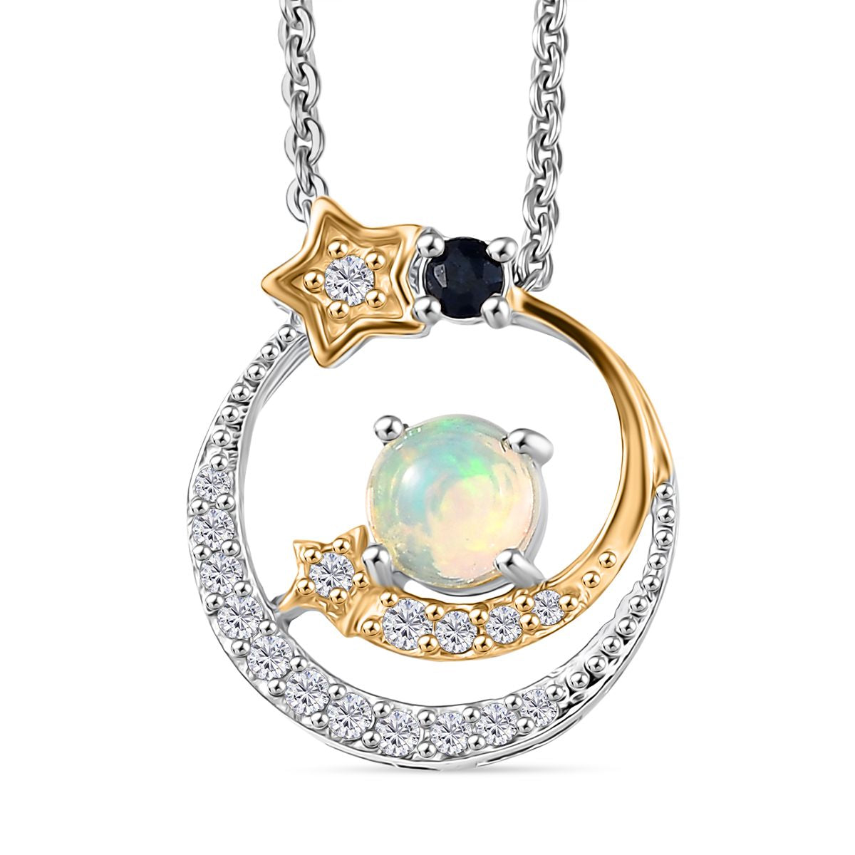 D'Joy AA Natürlicher, äthiopischer Welo Opal, Blauer Saphir Schmuckset ca. 50 cm 925 Silber platiniert, 925 Silber platiniert und vergoldet ca. 0.37 ct