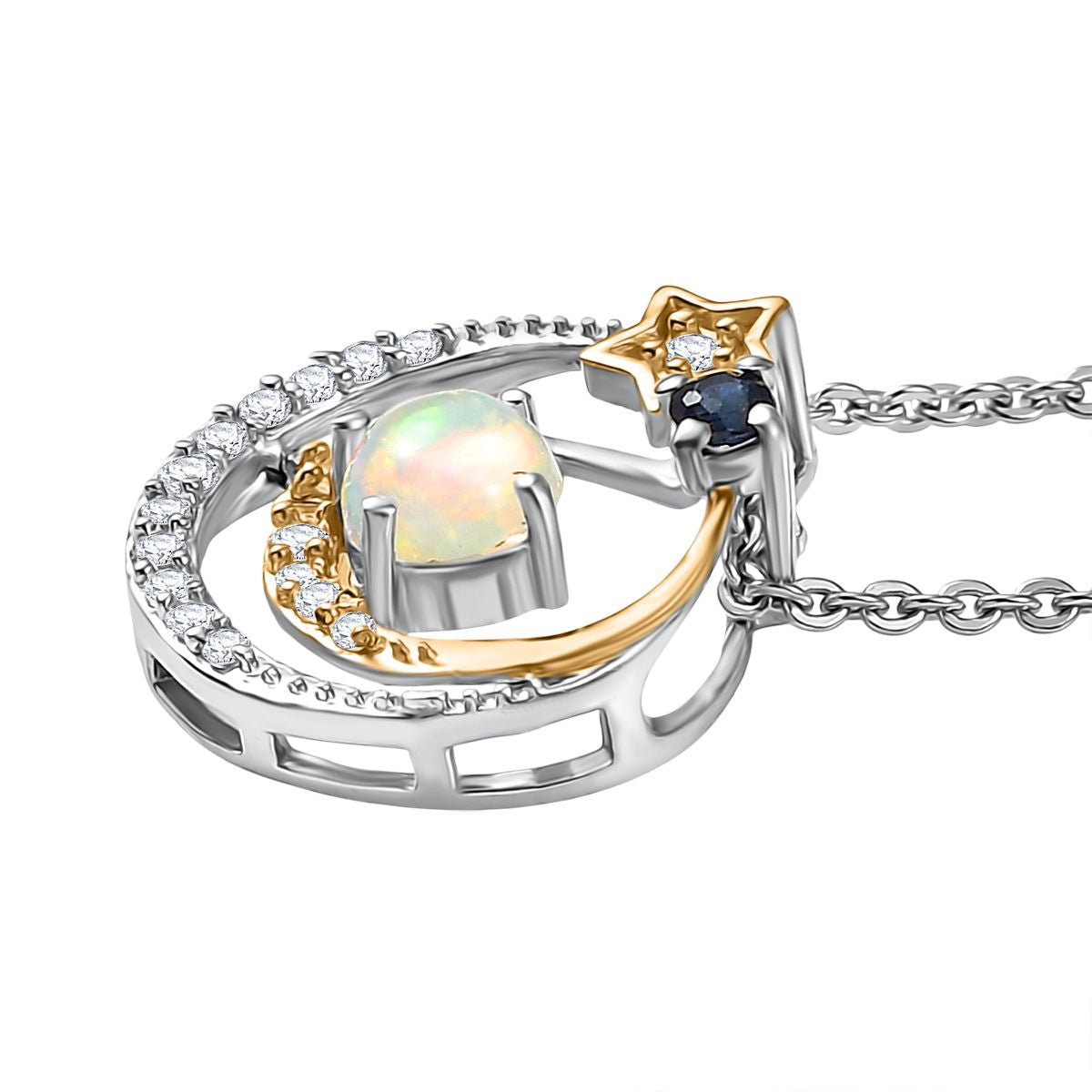 D'Joy AA Natürlicher, äthiopischer Welo Opal, Blauer Saphir Schmuckset ca. 50 cm 925 Silber platiniert, 925 Silber platiniert und vergoldet ca. 0.37 ct