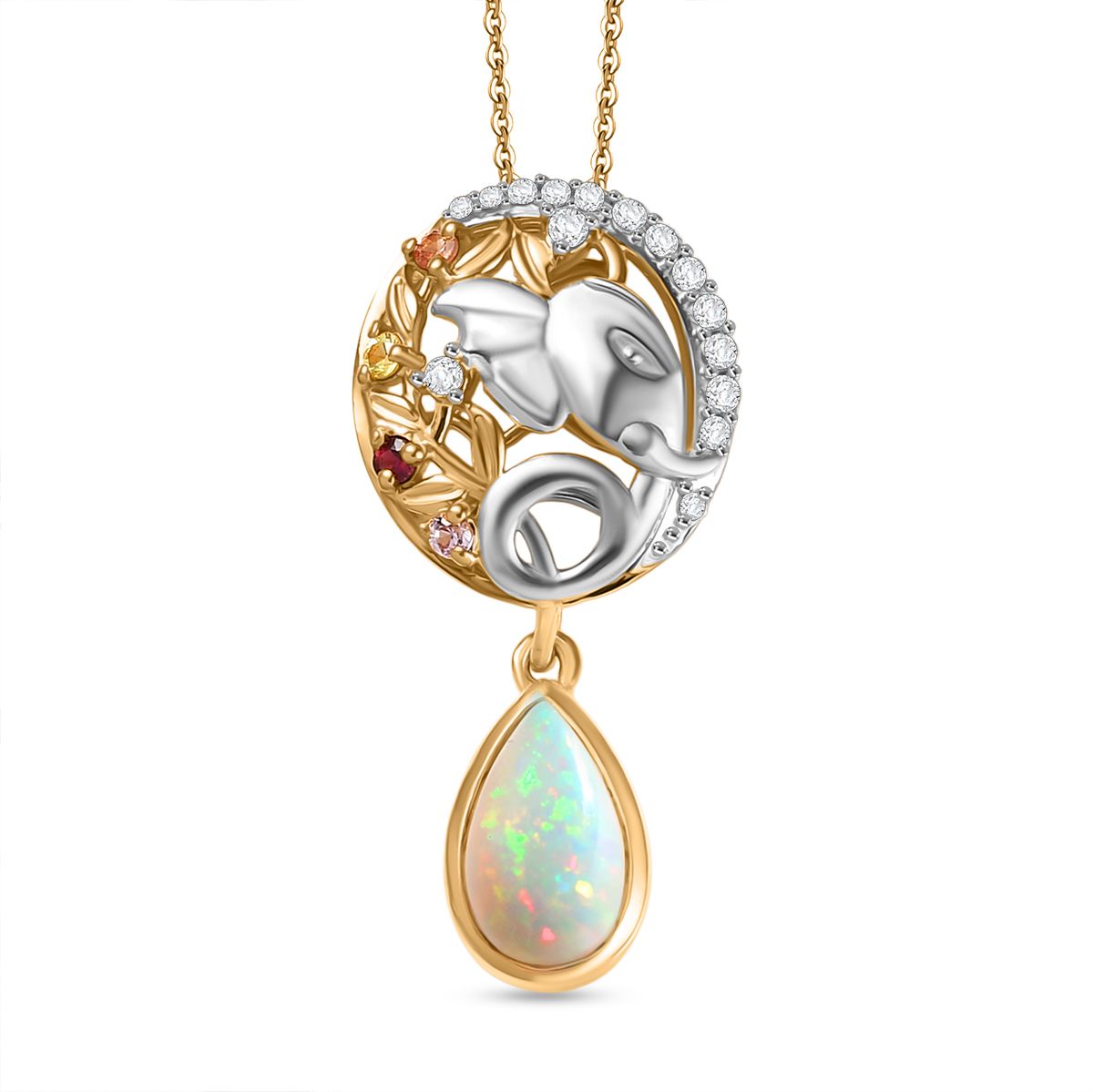 D'Joy AA Natürlicher, äthiopischer Welo Opal, Mehrfarbiger Saphir Anhänger mit Kette, ca. 50 cm 925 Silber Rhodiniert und 750 Gelbgold Vermeil ca. 1.45 ct