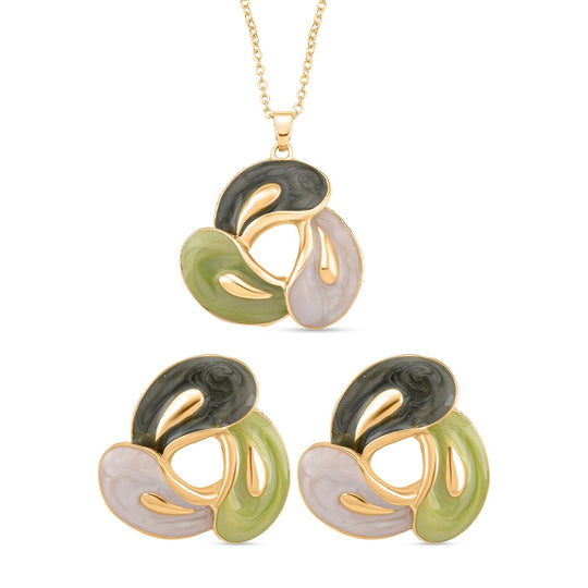 2er-Set Emaille-Anhänger mit Kette und Ohrsteckern, abstraktes Design, Blau-Weiß