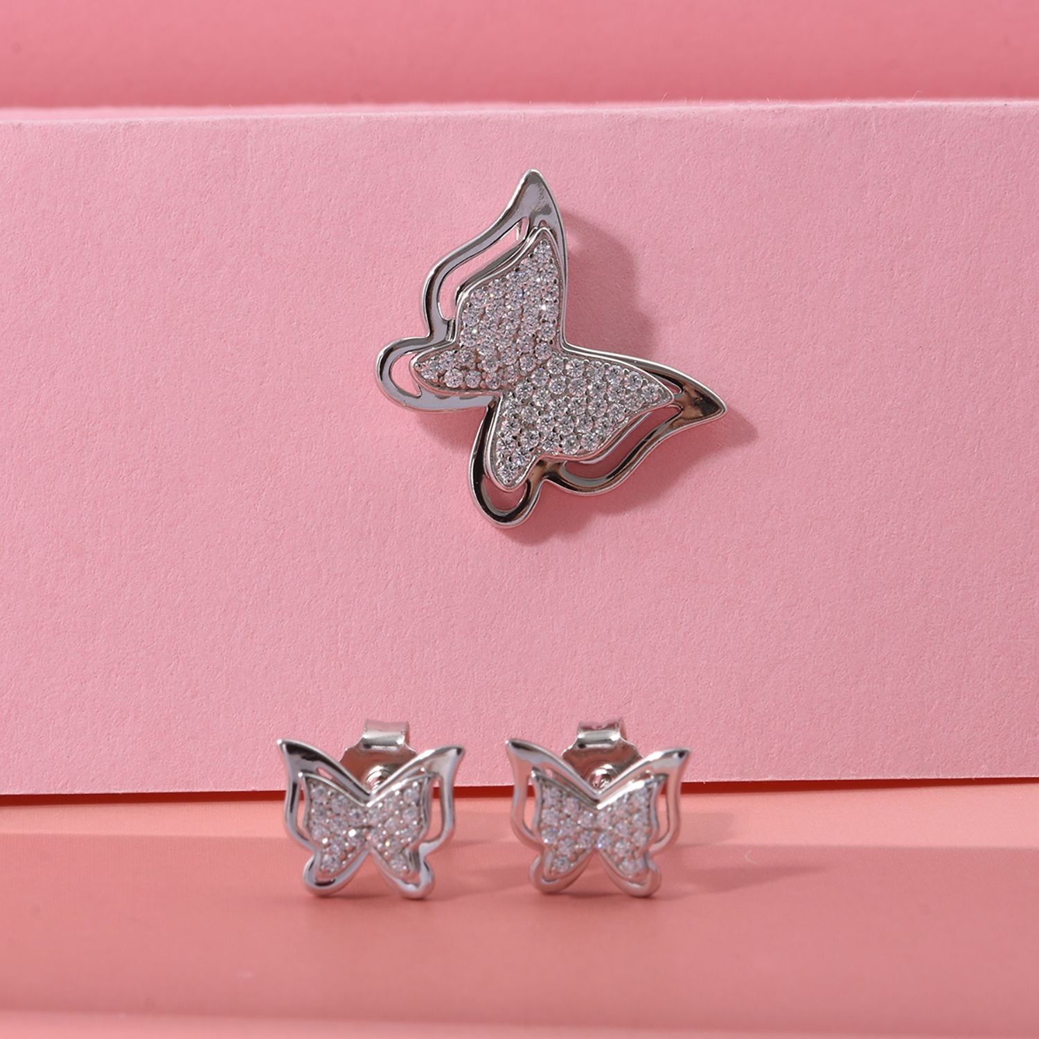 2er Set -  Weißer Zirkonia Anhänger und Ohrringe, 925 Silber rhodiniert