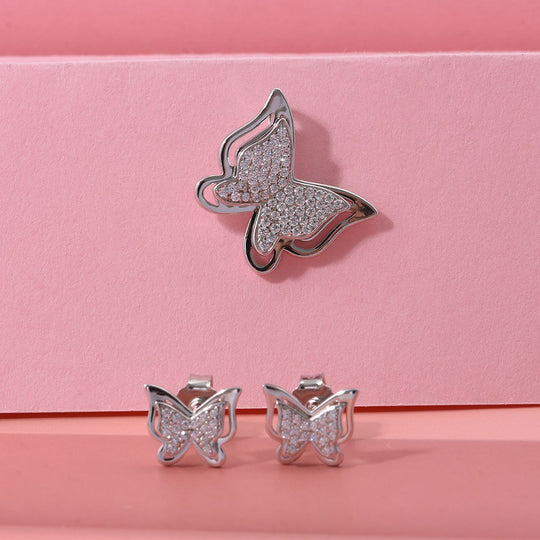 2er Set -  Weißer Zirkonia Anhänger und Ohrringe, 925 Silber rhodiniert